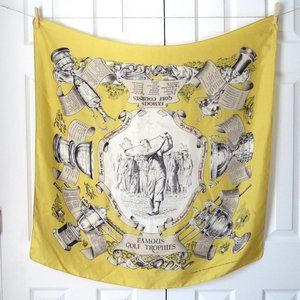 FAMOUS GOLF TROPHIES Vintage Scarf 1950s Yellow Welch Margetson England All Silk